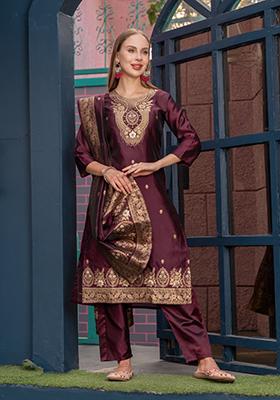 Maroon Printed Cotton Kurta Set