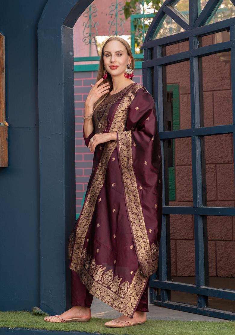 Maroon Printed Cotton Kurta Set