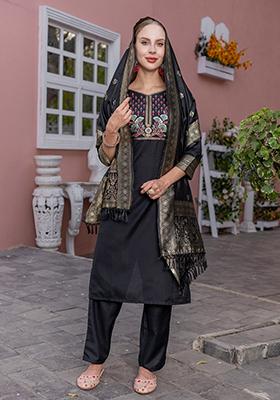 Black Printed Rayon Kurta Set