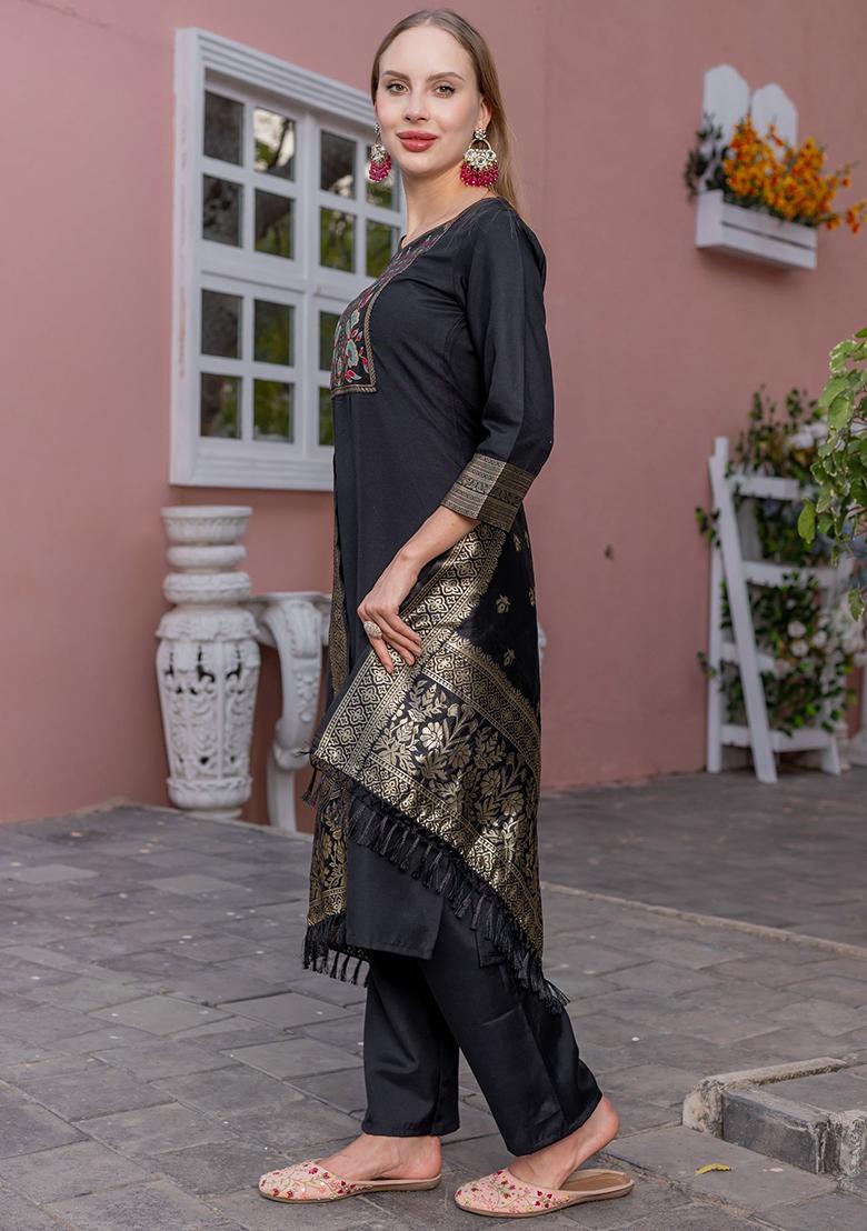 Black Printed Rayon Kurta Set