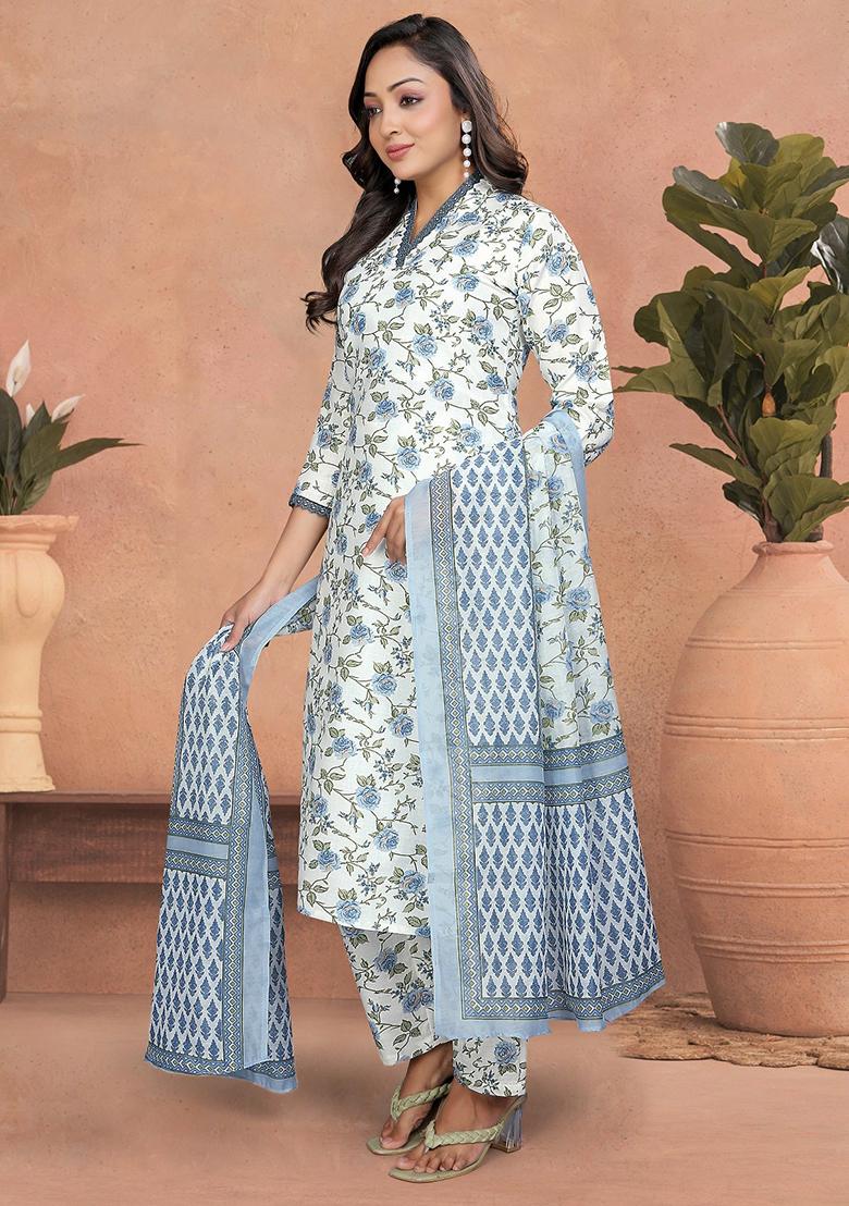 Off White And Blue Printed Cotton Kurta Set