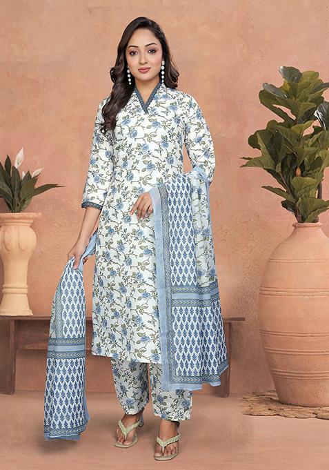 Off White And Blue Printed Cotton Kurta Set