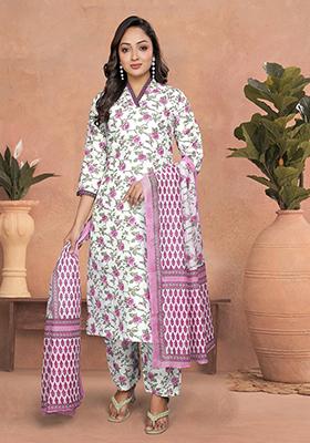 Off White And Pink Printed Cotton Kurta Set