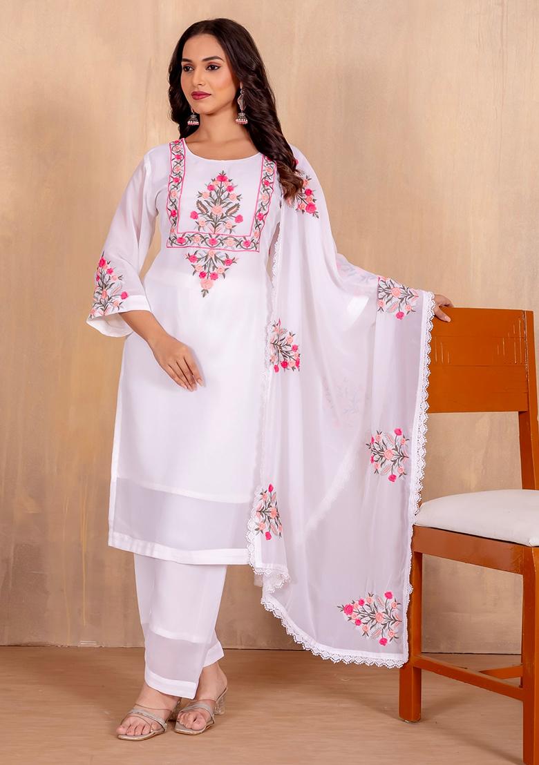 White Embroidered Cotton Kurta Set