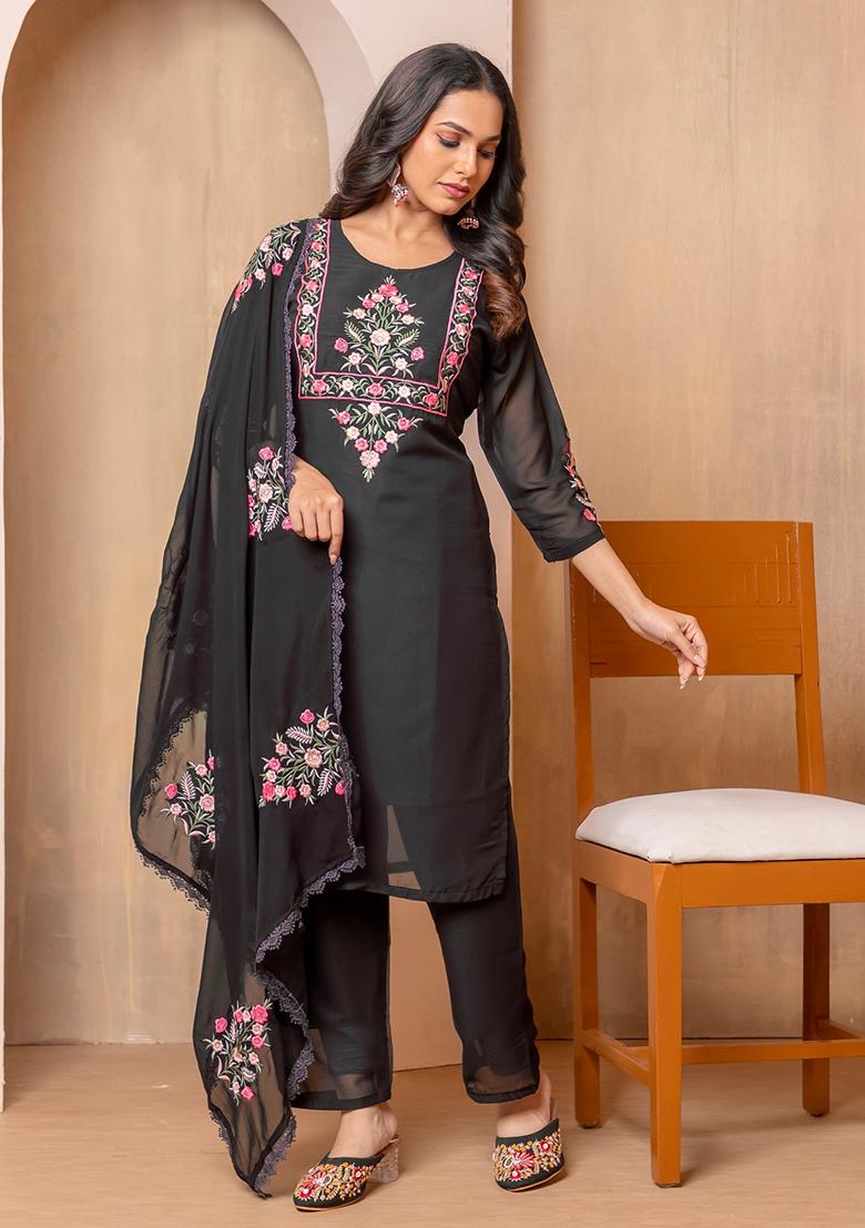 Black Embroidered Cotton Kurta Set