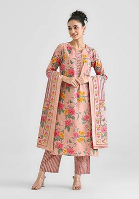 Peach Printed Cotton Kurta Set