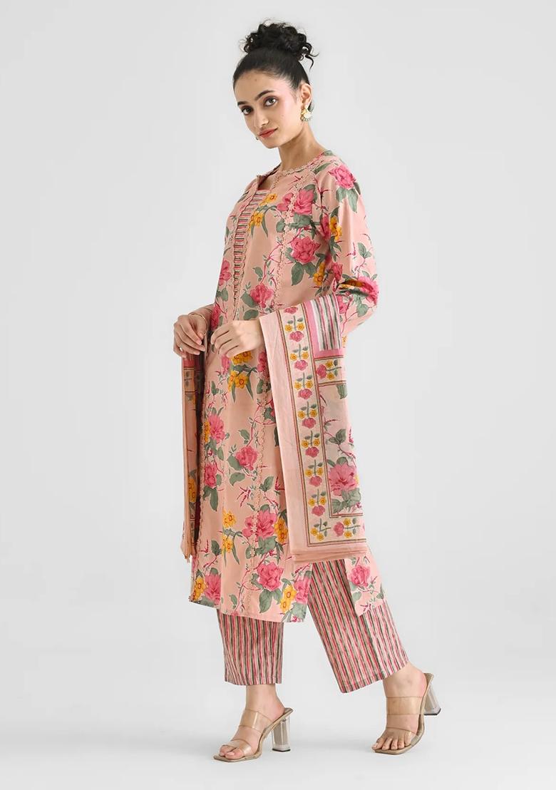 Peach Printed Cotton Kurta Set