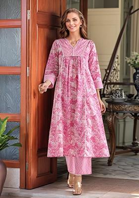 Pink Printed Cotton Kurta Set