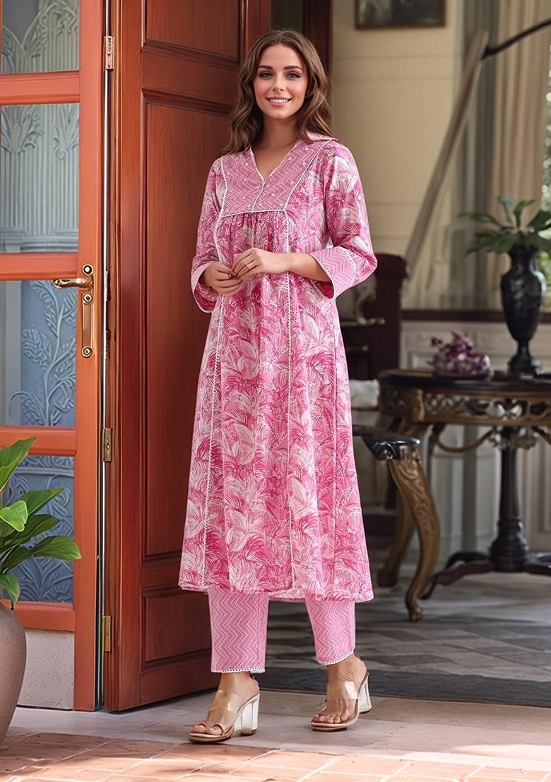Pink Printed Cotton Kurta Set