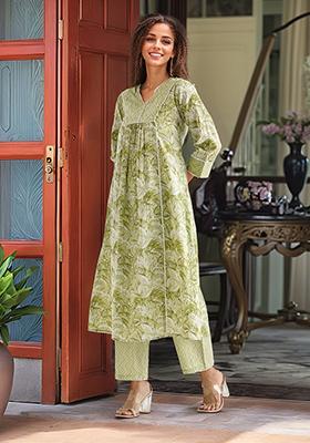 Lemon Green Printed Cotton Kurta Set