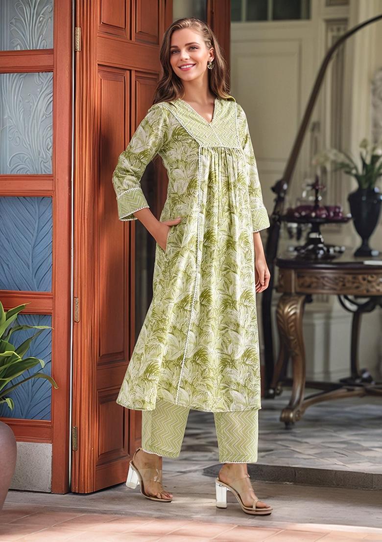 Lemon Green Printed Cotton Kurta Set