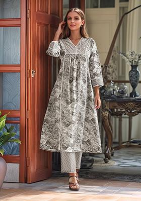 Grey Printed Cotton Kurta Set