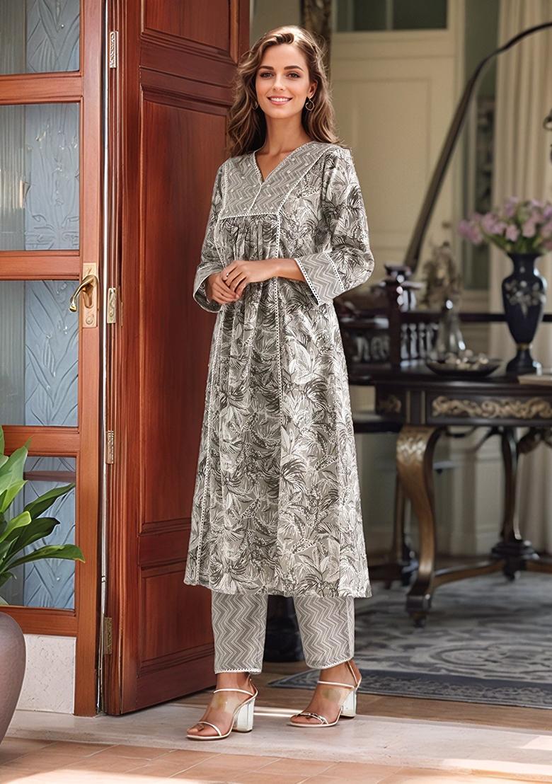 Grey Printed Cotton Kurta Set