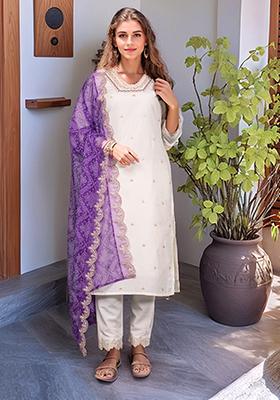 Off White Embroidered Rayon Kurta Set