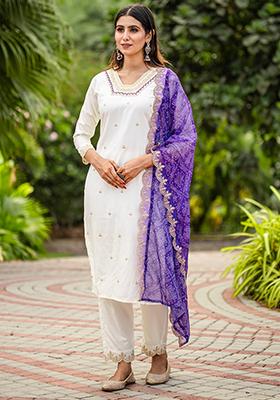 Off White Embroidered Rayon Kurta Set