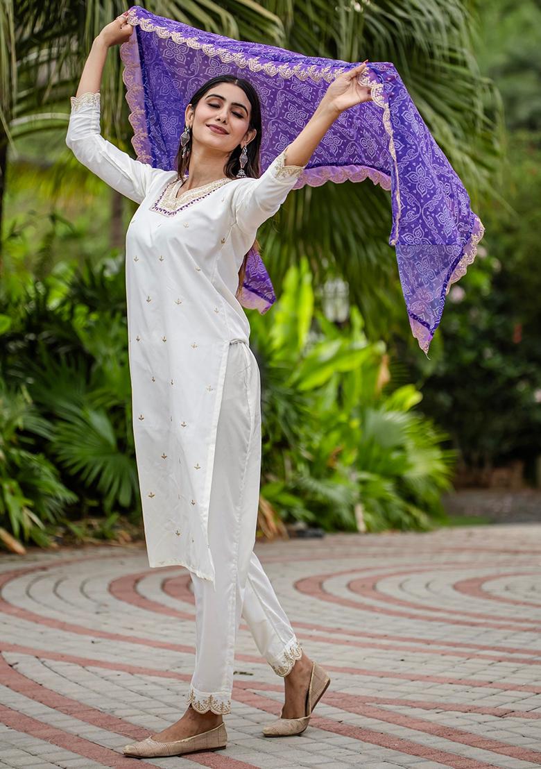 Off White Embroidered Rayon Kurta Set