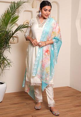 Off White Embroidered Chanderi Kurta Set