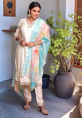 Off White Embroidered Chanderi Kurta Set