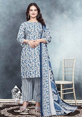 Blue Printed Cotton Kurta Set