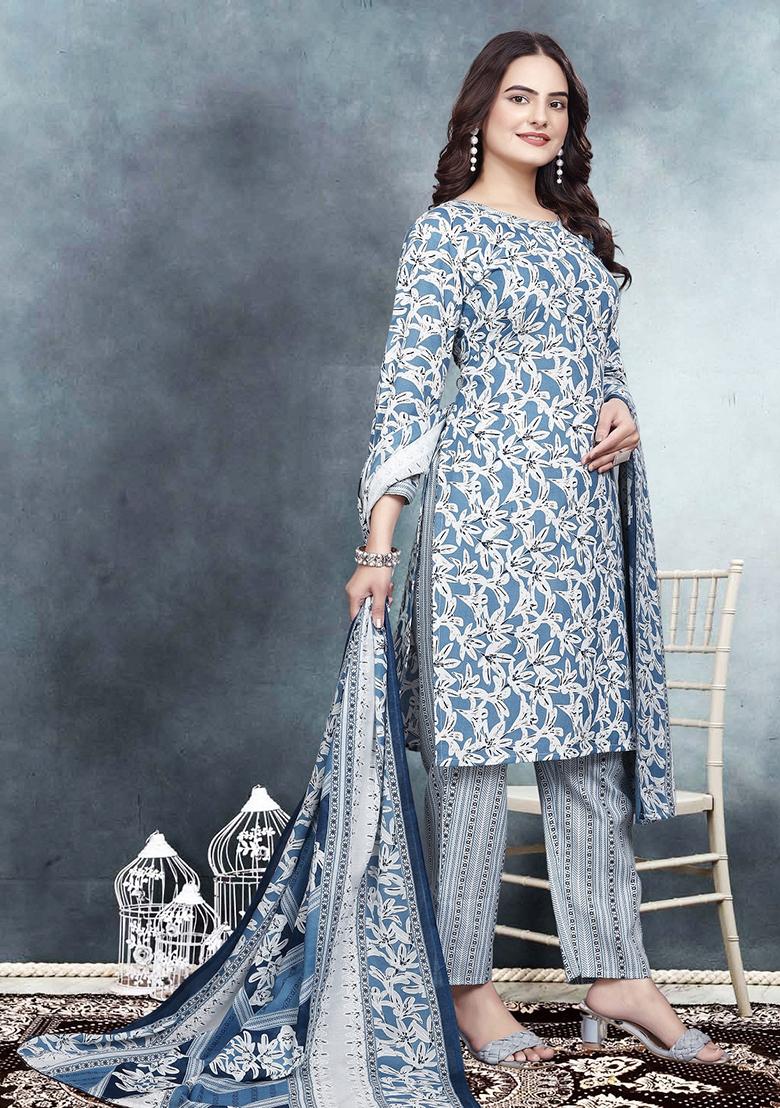 Blue Printed Cotton Kurta Set