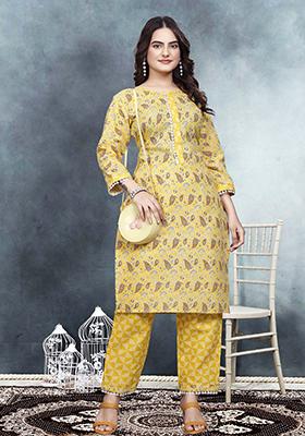 Yellow Embroidered Cotton Kurta Set