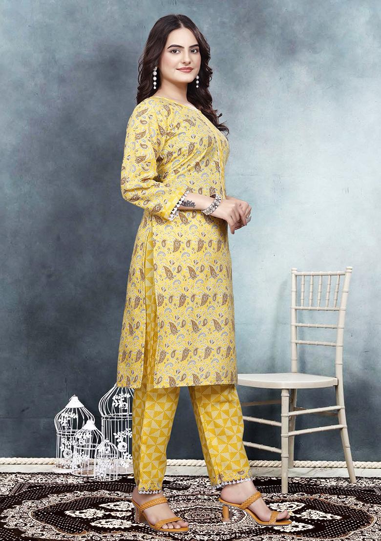 Yellow Embroidered Cotton Kurta Set