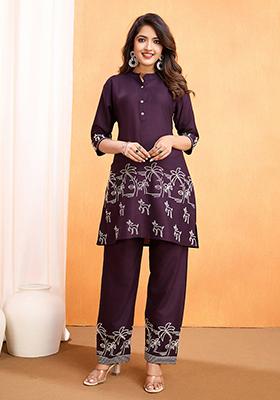 Maroon Embroidered Rayon Kurta Set
