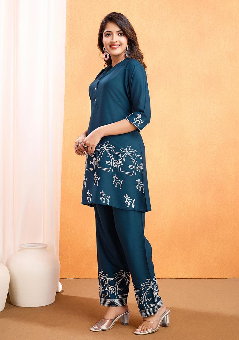 Blue Embroidered Rayon Kurta Set