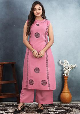 Pink Embroidered Rayon Kurta Set