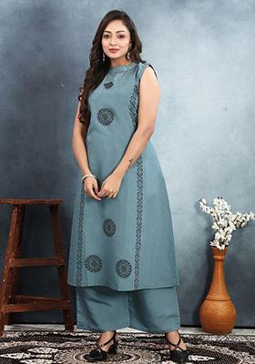 Grey Embroidered Rayon Kurta Set