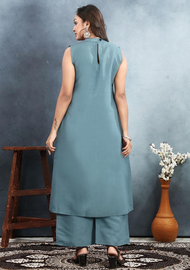 Grey Embroidered Rayon Kurta Set