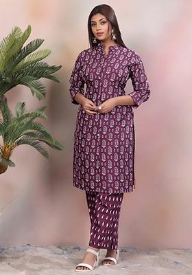 Purple Printed Rayon Kurta Set