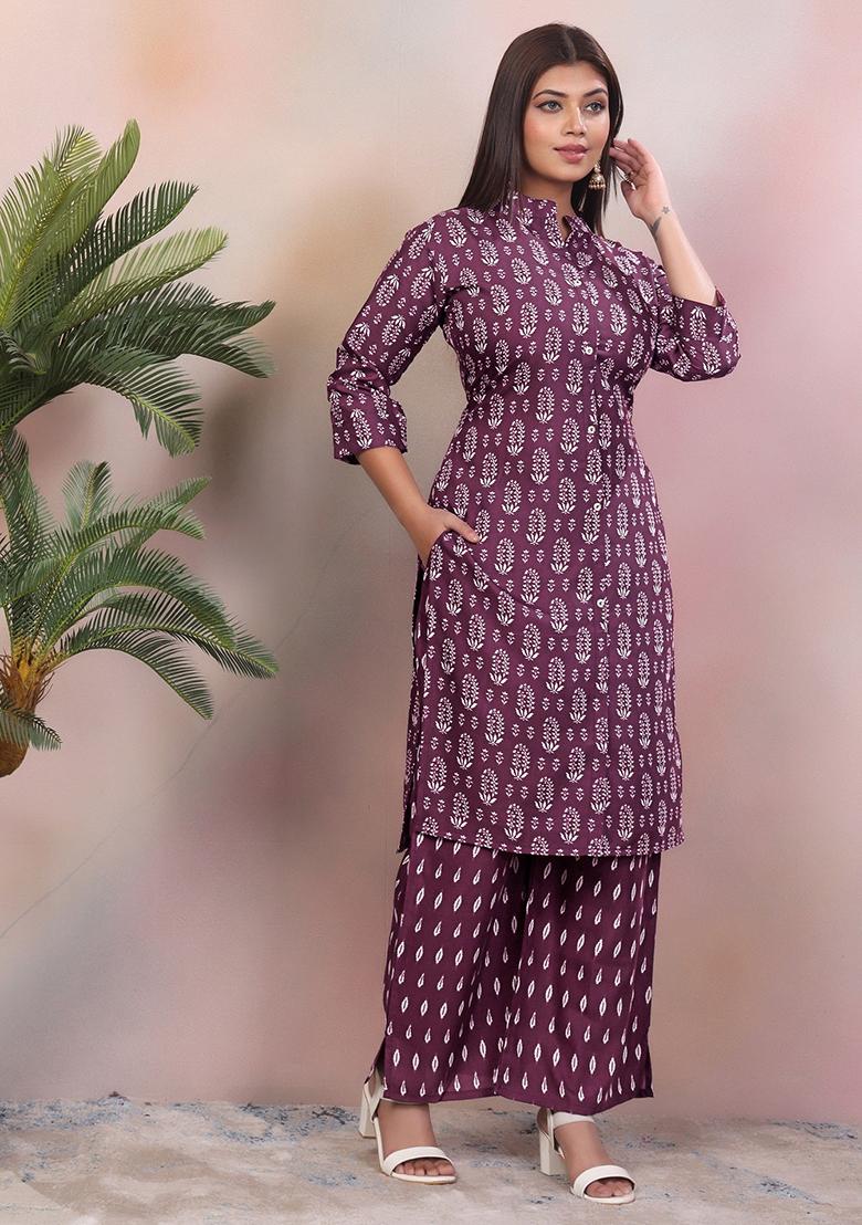 Purple Printed Rayon Kurta Set