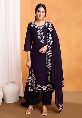 Purple Embroidered Vichitra Kurta Set