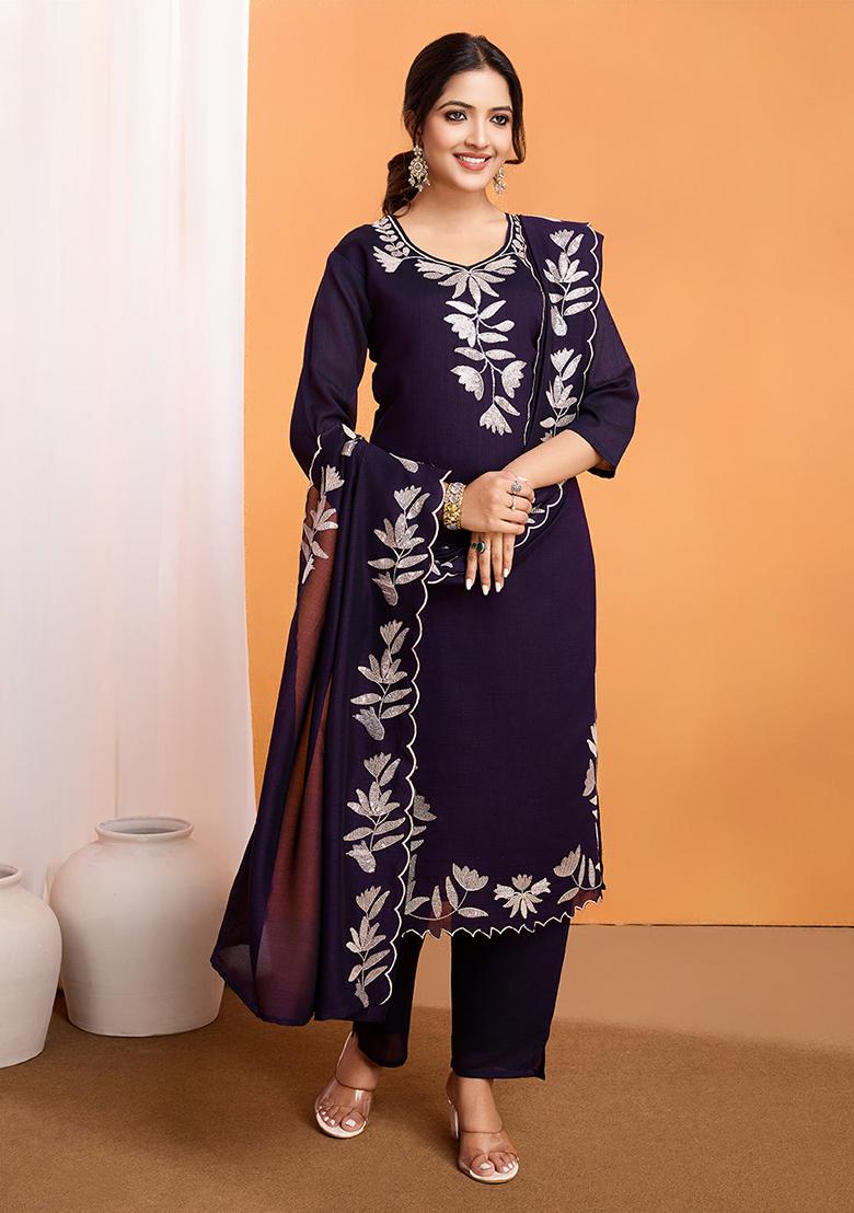 Purple Embroidered Vichitra Kurta Set
