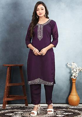 Purple Embroidered Vichitra Kurta Set