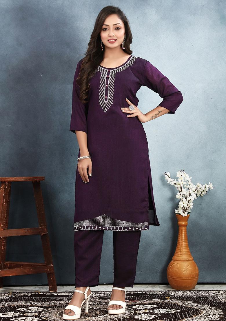 Purple Embroidered Vichitra Kurta Set