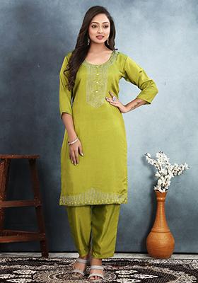 Green Embroidered Vichitra Kurta Set
