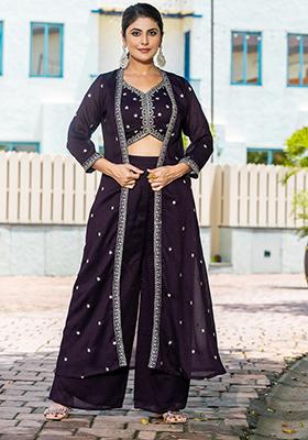 Purple Embroidered Vichitra Kurta Set