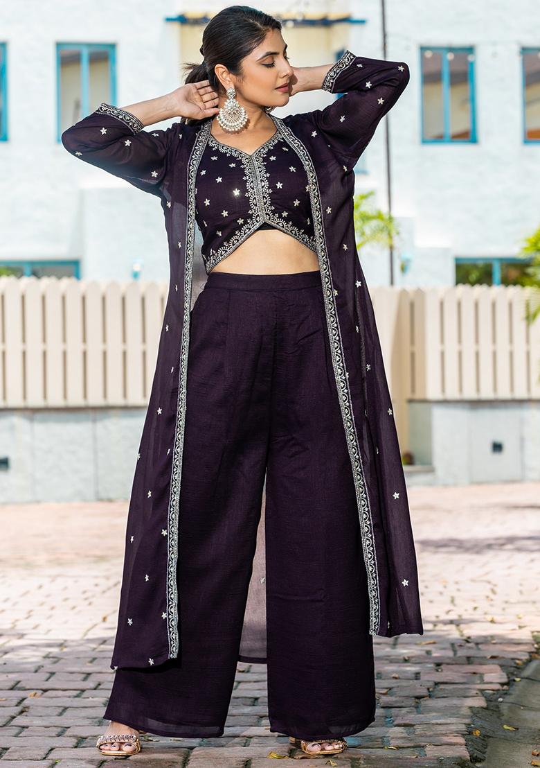 Purple Embroidered Vichitra Kurta Set