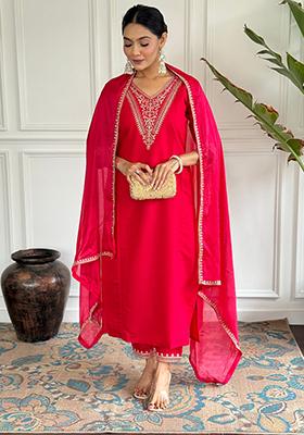 Pink Embroidered Chanderi Kurta Set