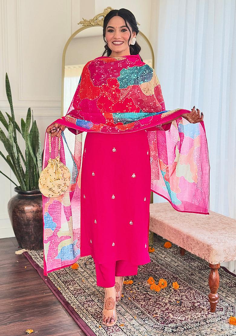 Pink Embroidered Chanderi Kurta Set
