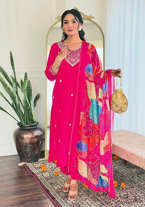 Pink Embroidered Chanderi Kurta Set
