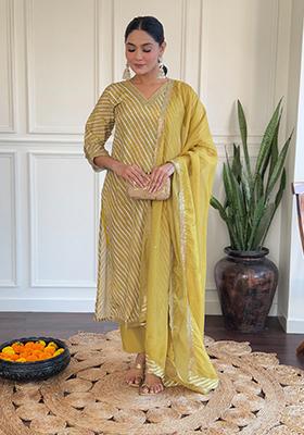 Mustard Embroidered Viscose Kurta Set