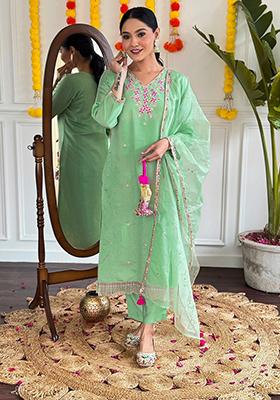 Blue Embroidered Chanderi Kurta Set