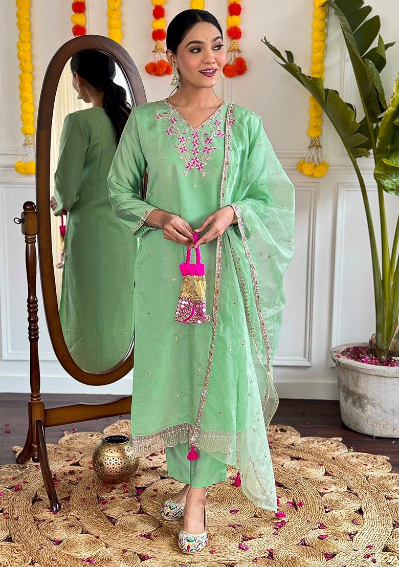 Blue Embroidered Chanderi Kurta Set