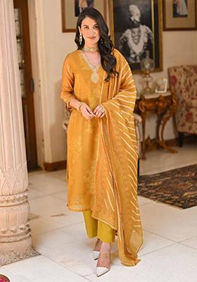 Mustard Embroidered Rayon Kurta Set