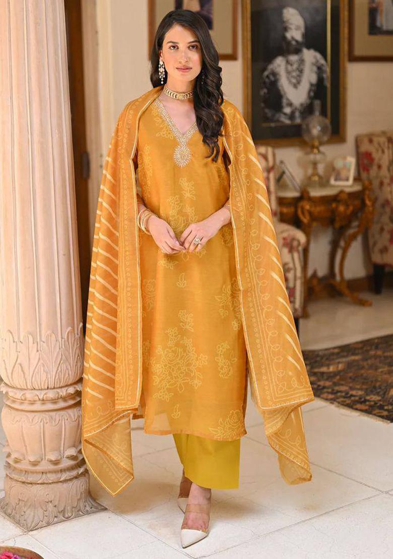 Mustard Embroidered Rayon Kurta Set