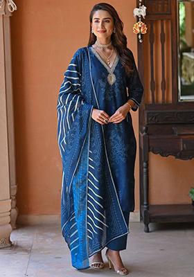 Blue Embroidered Rayon Kurta Set