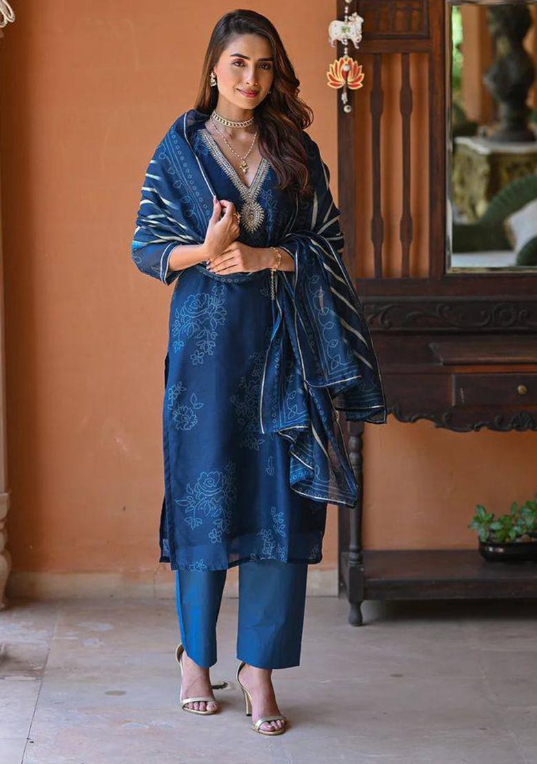 Blue Embroidered Rayon Kurta Set